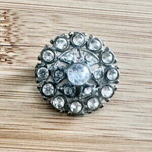 Vintage Silver Tone Rhinestone Sunburst Round Brooch Pin Clear Crystal Floral